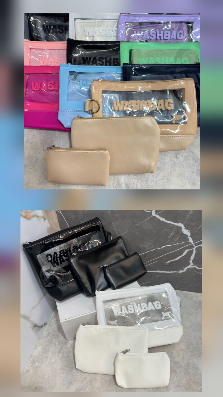 🔶 کیف آرایشی واش بگ ( 3 تیکه ) ✅ ابعاد طلق بزرگ 26×16 cm ✅ ابعاد کیف متوسط 20×13 cm ✅ ابعاد کیف کوچک 15×9 cm  تعداد در کارتن 60 عدد