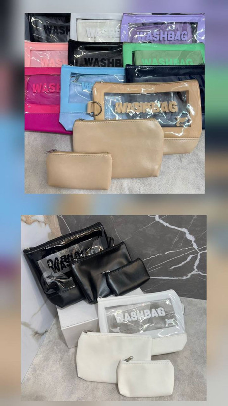 🔶 کیف آرایشی واش بگ ( 3 تیکه ) ✅ ابعاد طلق بزرگ 26×16 cm ✅ ابعاد کیف متوسط 20×13 cm ✅ ابعاد کیف کوچک 15×9 cm قیمت یک ست تعداد در کارتن 60 عدد